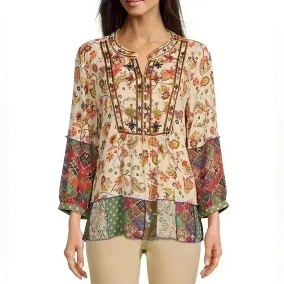 John Mark Embroidered Woven Split V-Neck 3/4 Sleeve Multi Print Tunic, Large - Picture 1 of 11